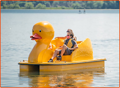 person paddling a duck shaped boat